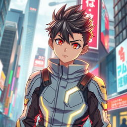 An anime boy with striking red eyes, dressed in a high-tech safety suit, stands confidently amidst a bustling cityscape