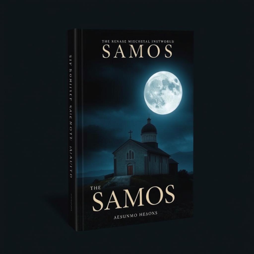 A book cover with no title and no words, featuring an ominous graphic of a Samos monastery set against a dark sky