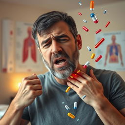 A detailed portrait of a middle-aged man with a distressed expression, showcasing a sore throat