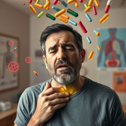 A detailed portrait of a middle-aged man with a distressed expression, showcasing a sore throat