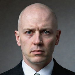 A stern-looking bald man, his piercing gaze and rigid posture suggest a strict and harsh demeanor.