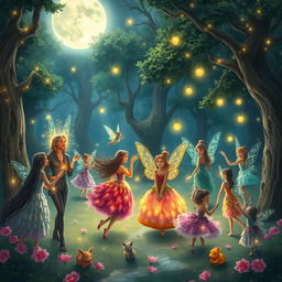 An enchanting illustration of an annual fairy ball held in a magical forest clearing