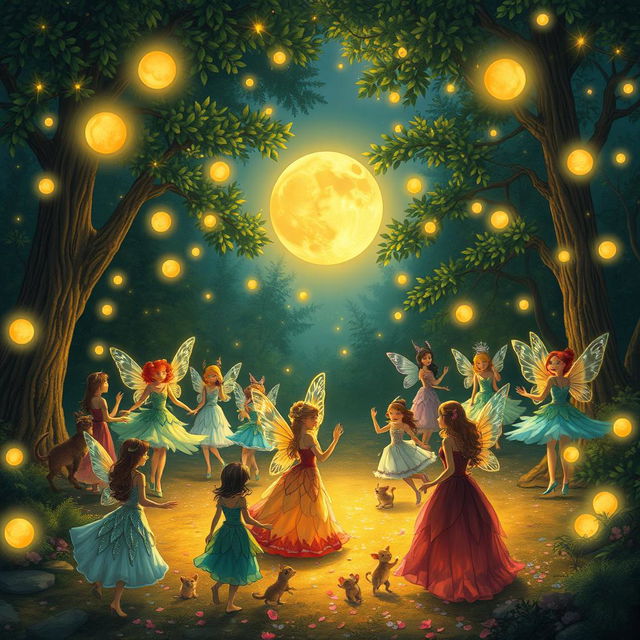 An enchanting illustration of an annual fairy ball held in a magical forest clearing