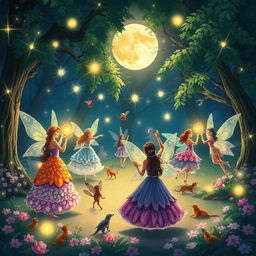 An enchanting illustration of an annual fairy ball held in a magical forest clearing