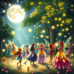 An enchanting illustration of an annual fairy ball held in a magical forest clearing