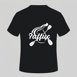 Design a black t-shirt for a rafting event featuring on the front view a small, minimalistic rafting icon or logo located on the upper left chest