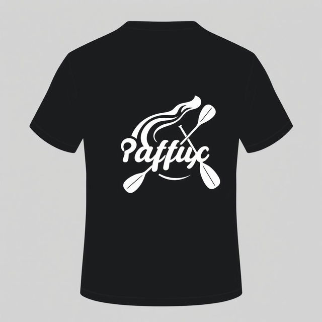 Design a black t-shirt for a rafting event featuring on the front view a small, minimalistic rafting icon or logo located on the upper left chest