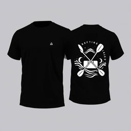 Design a black t-shirt for a rafting event featuring on the front view a small, minimalistic rafting icon or logo located on the upper left chest