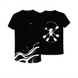 Design a black t-shirt for a rafting event featuring on the front view a small, minimalistic rafting icon or logo located on the upper left chest