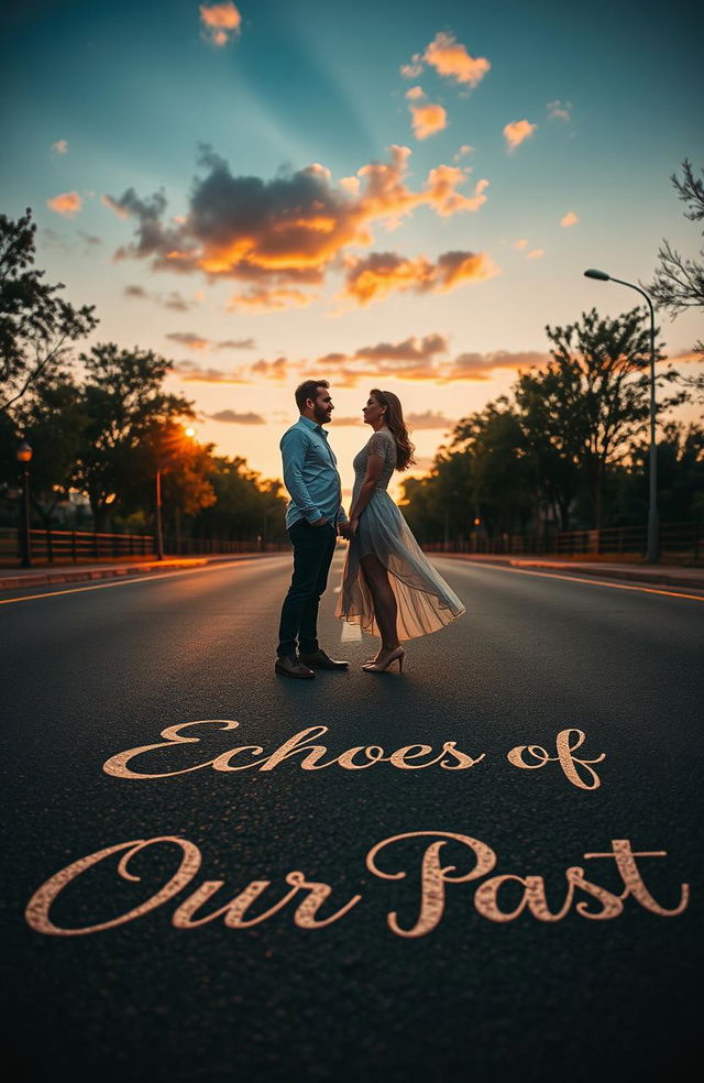 A couple standing on opposite sides of a road, gazing longingly at each other, the asphalt beneath them inscribed with the words 'Echoes of Our Past' in elegant, flowing script