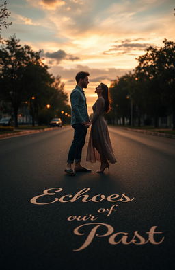 A couple standing on opposite sides of a road, gazing longingly at each other, the asphalt beneath them inscribed with the words 'Echoes of Our Past' in elegant, flowing script