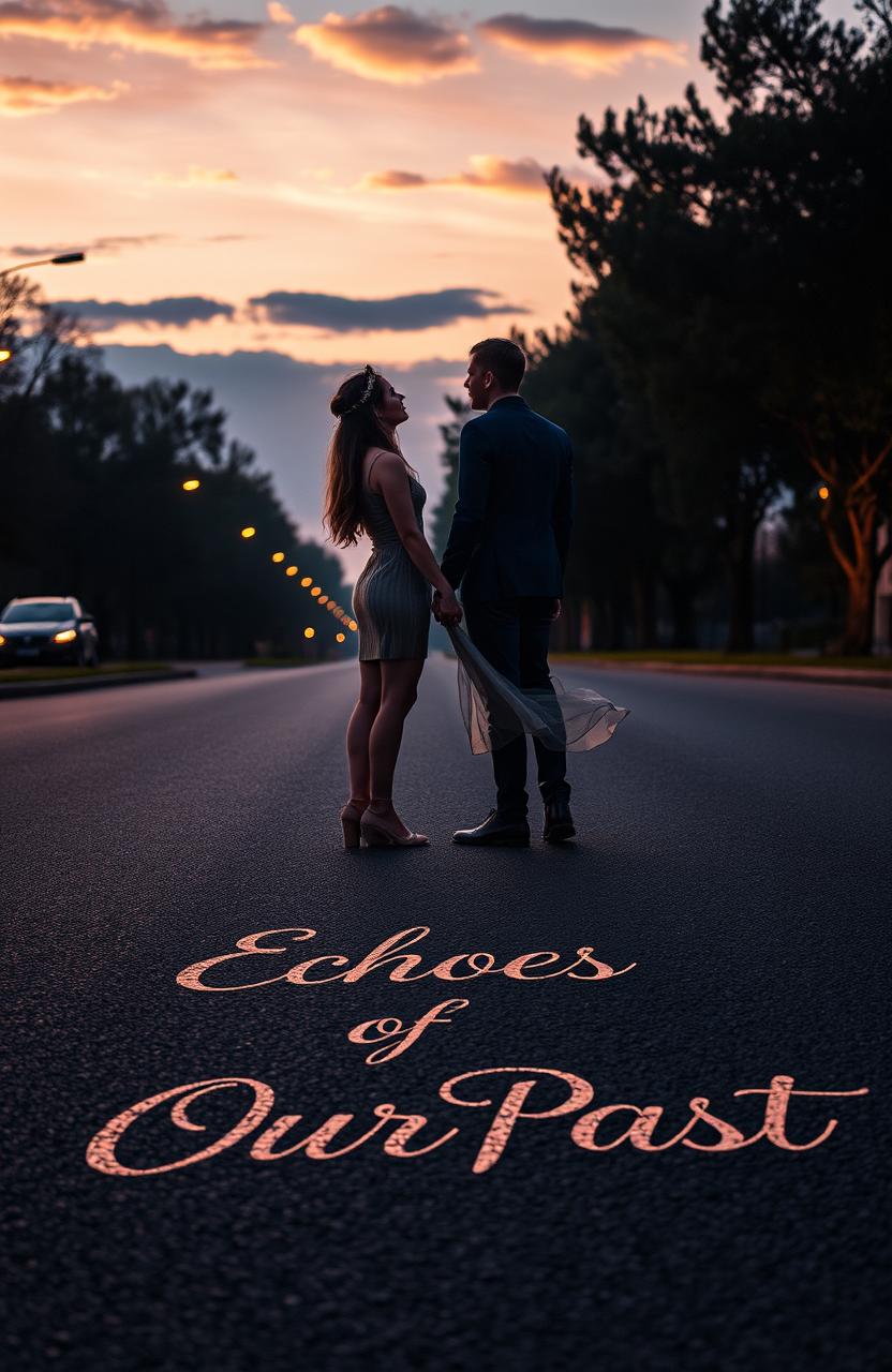 A couple standing on opposite sides of a road, gazing longingly at each other, the asphalt beneath them inscribed with the words 'Echoes of Our Past' in elegant, flowing script