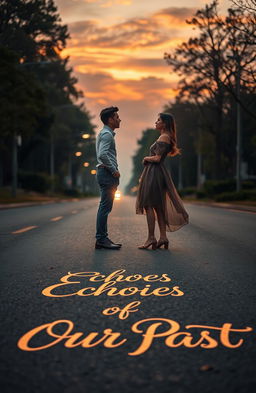 A couple standing on opposite sides of a road, gazing longingly at each other, the asphalt beneath them inscribed with the words 'Echoes of Our Past' in elegant, flowing script