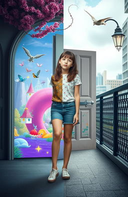 A 19-year-old introverted girl with a dreamy expression, standing in a surreal setting where magic doors are prominently featured in the middle of the image