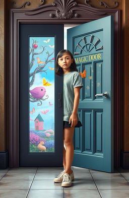 A 19-year-old introverted girl with a dreamy expression, standing in a surreal setting where magic doors are prominently featured in the middle of the image