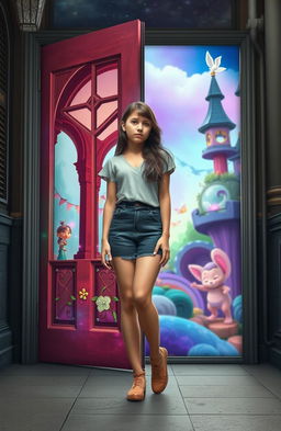 A 19-year-old introverted girl with a dreamy expression, standing in a surreal setting where magic doors are prominently featured in the middle of the image