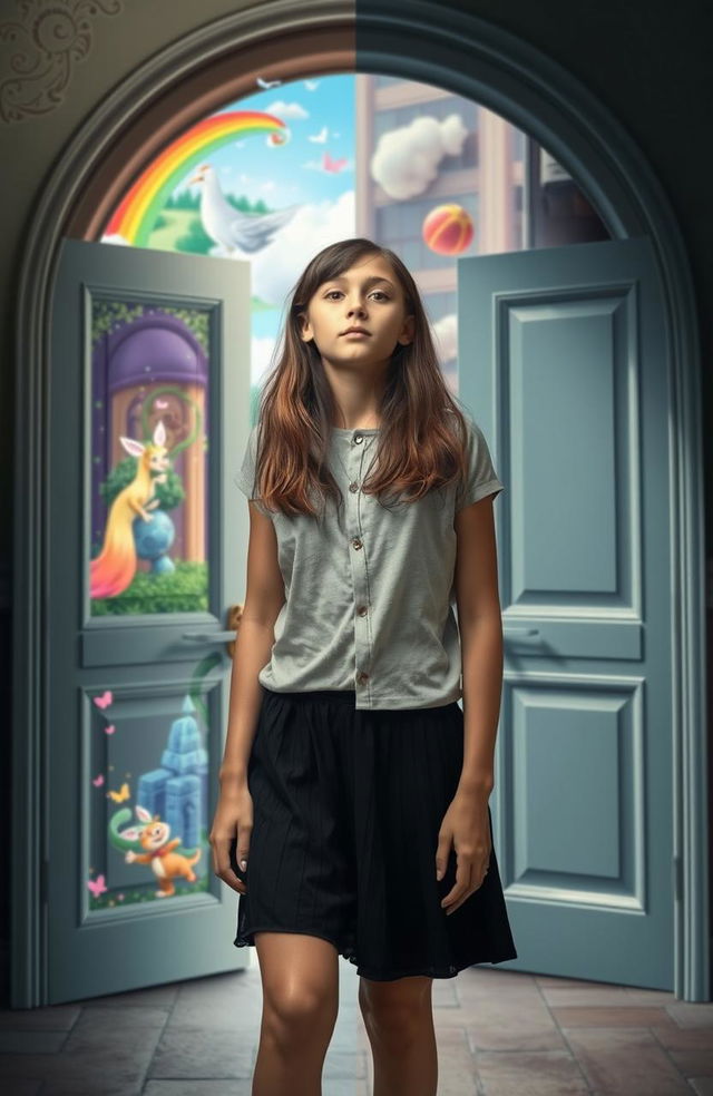 A 19-year-old introverted girl with a dreamy expression, standing in a surreal setting where magic doors are prominently featured in the middle of the image