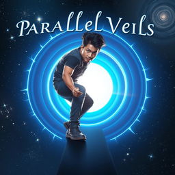 A man with dark spiky hair stepping confidently into a vibrant blue circular portal, with a dramatic cosmic backdrop filled with twinkling stars and swirling galaxies