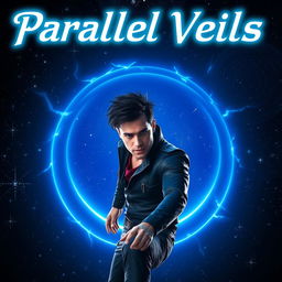 A man with dark spiky hair stepping confidently into a vibrant blue circular portal, with a dramatic cosmic backdrop filled with twinkling stars and swirling galaxies