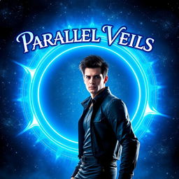 A man with dark spiky hair stepping confidently into a vibrant blue circular portal, with a dramatic cosmic backdrop filled with twinkling stars and swirling galaxies