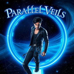 A man with dark spiky hair stepping confidently into a vibrant blue circular portal, with a dramatic cosmic backdrop filled with twinkling stars and swirling galaxies