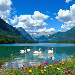 A serene landscape scene featuring a tranquil lake surrounded by lush green forests and majestic mountains in the background
