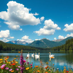 A serene landscape scene featuring a tranquil lake surrounded by lush green forests and majestic mountains in the background