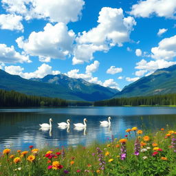 A serene landscape scene featuring a tranquil lake surrounded by lush green forests and majestic mountains in the background