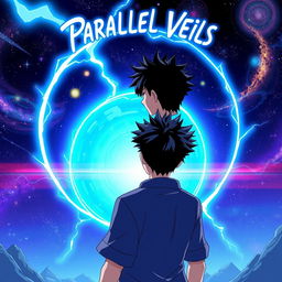 An anime-style illustration of a man with dark spiky hair, seen from behind as he steps confidently into a vibrant blue circular portal