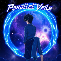 An anime-style illustration of a man with dark spiky hair, seen from behind as he steps confidently into a vibrant blue circular portal