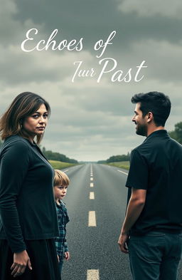 A two-sided road scene depicting a sad wife standing on one side with her two boys, all looking in the direction of the husband who is on the opposite side with his girlfriend
