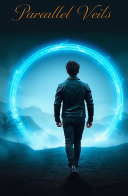 A man with dark spiky hair is walking towards a glowing blue circular portal, with his back facing the camera