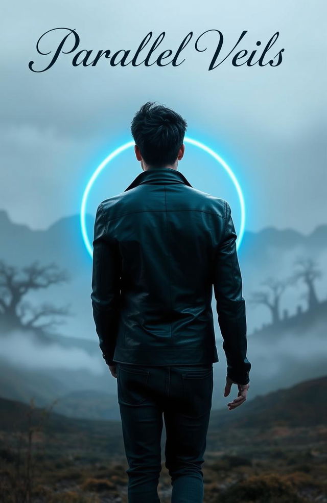 A man with dark spiky hair is walking towards a glowing blue circular portal, with his back facing the camera