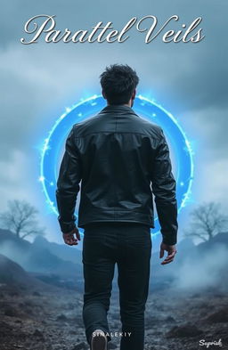 A man with dark spiky hair is walking towards a glowing blue circular portal, with his back facing the camera