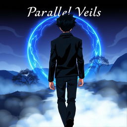 An anime-style illustration of a man with dark spiky hair walking towards a glowing blue circular portal, seen from behind