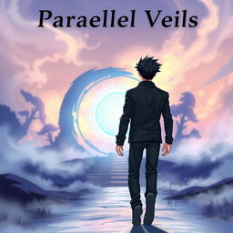 An anime-style illustration of a man with dark spiky hair walking towards a glowing blue circular portal, seen from behind