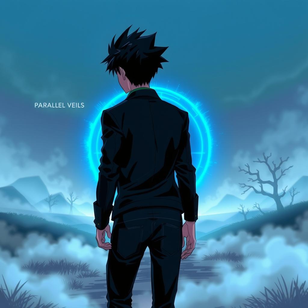 An anime-style illustration of a man with dark spiky hair walking towards a glowing blue circular portal, seen from behind