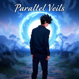 An anime-style illustration of a man with dark spiky hair walking towards a glowing blue circular portal, seen from behind