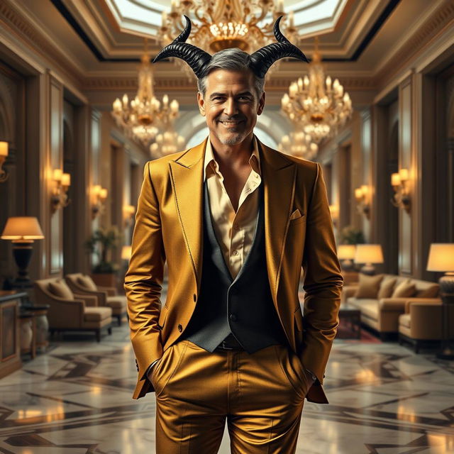 A realistic portrayal of Satan depicted as a suave hotel manager resembling George Clooney