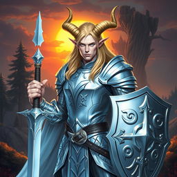 A male tiefling paladin standing proudly in silver armor that gleams with an ethereal light