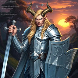 A male tiefling paladin standing proudly in silver armor that gleams with an ethereal light