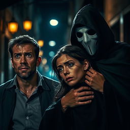 A dramatic scene depicting a man watching helplessly as his wife is being taken away by a masked man