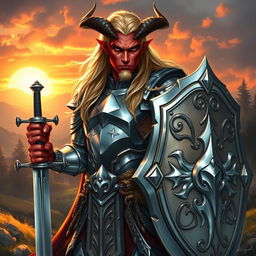 A male tiefling paladin standing confidently in polished silver armor that shines brilliantly