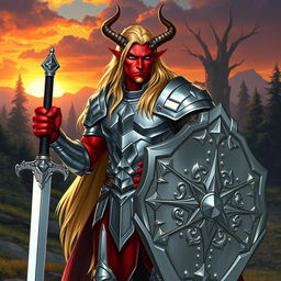 A male tiefling paladin standing confidently in polished silver armor that shines brilliantly