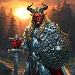A male tiefling paladin standing confidently in polished silver armor that shines brilliantly