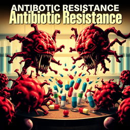 A striking poster titled 'Antibiotic Resistance', showcasing a dramatic scene of bacteria depicted as sinister, mutated forms attacking and overpowering a group of colorful and vibrant antibiotics represented as small figures or capsules