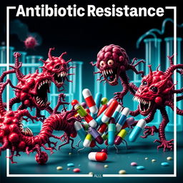 A striking poster titled 'Antibiotic Resistance', showcasing a dramatic scene of bacteria depicted as sinister, mutated forms attacking and overpowering a group of colorful and vibrant antibiotics represented as small figures or capsules