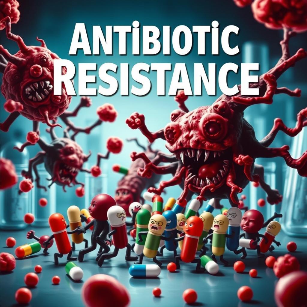 A striking poster titled 'Antibiotic Resistance', showcasing a dramatic scene of bacteria depicted as sinister, mutated forms attacking and overpowering a group of colorful and vibrant antibiotics represented as small figures or capsules