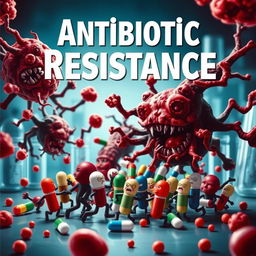 A striking poster titled 'Antibiotic Resistance', showcasing a dramatic scene of bacteria depicted as sinister, mutated forms attacking and overpowering a group of colorful and vibrant antibiotics represented as small figures or capsules