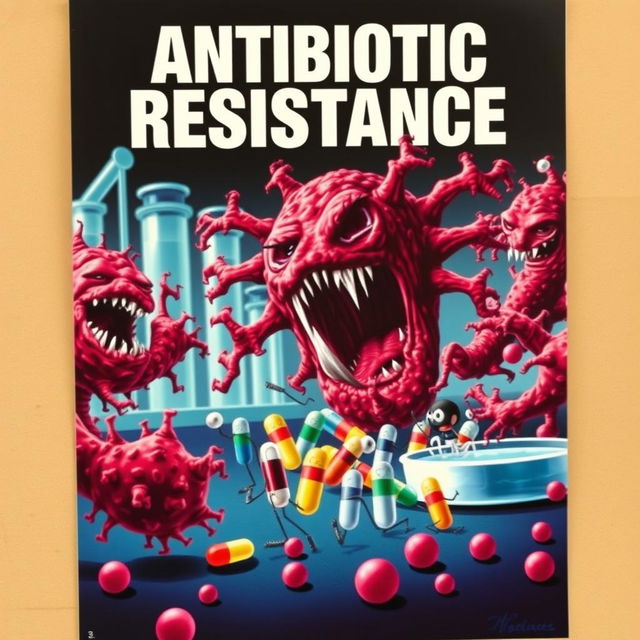 A striking poster titled 'Antibiotic Resistance', showcasing a dramatic scene of bacteria depicted as sinister, mutated forms attacking and overpowering a group of colorful and vibrant antibiotics represented as small figures or capsules